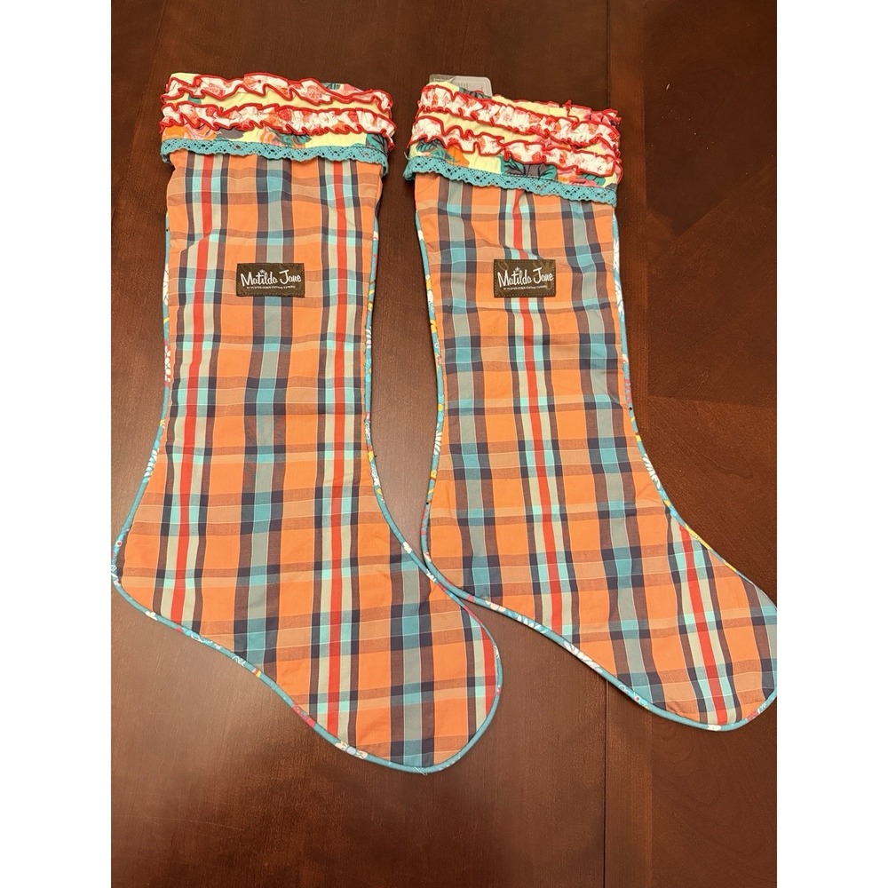 2 New Matilda Jane Plaid Christmas Stocking XL Pink Blue And Red